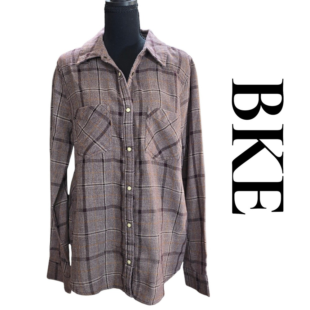 BKE Plaid Snap Down Shirt Womens Large Purple Cotton Blend Fitted Flannel Boho